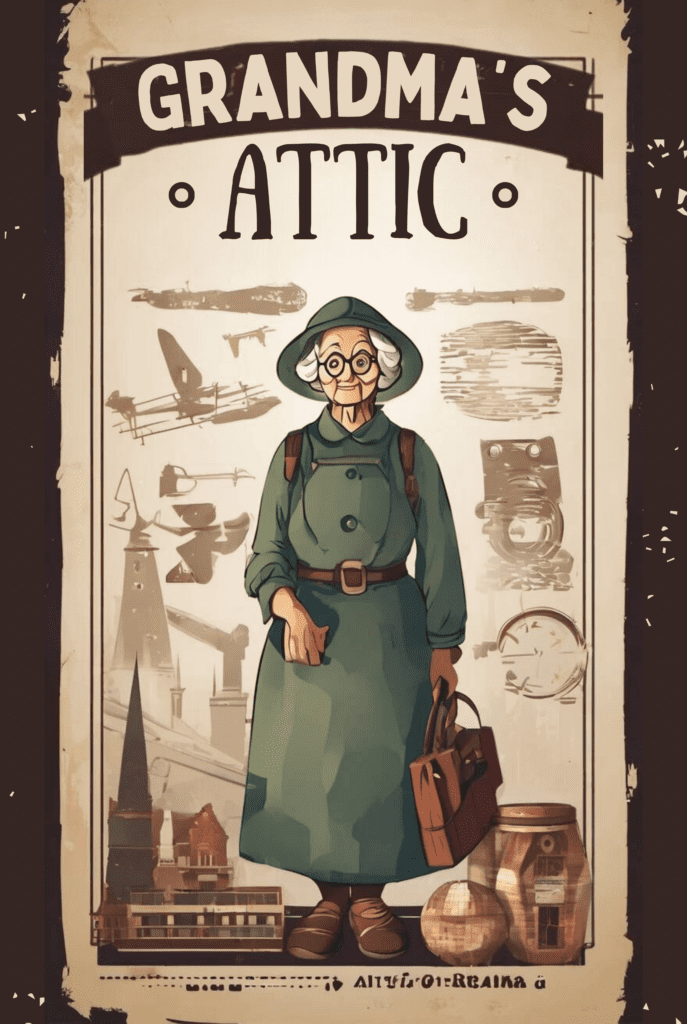 Grandma's Attic escape room poster featuring a vintage photo of an elderly woman surrounded by World War II memorabilia, including old suitcases, maps, and military gear. The poster promotes a thrilling adventure in a nostalgic setting, evoking a sense of mystery and historical intrigue.